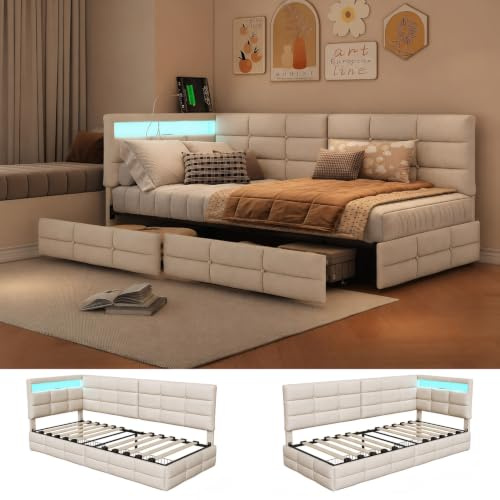 BRILVERDE Polsterbett 90x200 mit Stauraum, Schlafsofa mit 2 Schublade, Einzelbett, Daybett mit LED und USB, Jugendbett mit Lattenrost, Leinen, ohne Matratze (Beige, 90 x 200 cm)