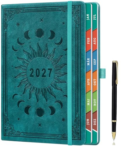 Tagesplaner 2027 A5 (21,5 x 15 cm), 1 Tag pro Seite Terminplaner, Jan–Dez 2027, Deutscher Kalender mit Monatsregistern, Innentasche, Stiftschlaufe & Stift - Türkis