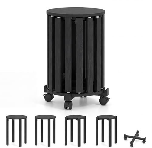 COSTWAY 4er Set Esszimmerhocker stapelbar, Stapelhocker mit Massivholzbeine & Rollenbasis, platzsparende holzstapelhocker, Holzhocker rund für Klassenzimmer, Küche, Wohnzimmer (Schwarz)