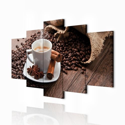 decomonkey Wandbilder Kaffee Coffee 200x100 cm XXL 5 Teilig Leinwandbilder | Strukturleinwand, Holzkeilrahmen, Bild auf Leinwand, Kunstdruck, Wanddeko, Wohnzimmer, Wanddekoration, Küche, Kaffeebohnen