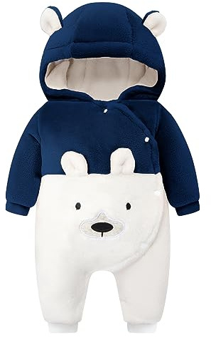WYTbaby Baby Snowsuit Fleece Romper, Thicken Bear Hooded Jumpsuit For Toddler Girls Boys Infant Outfit 0-3 Months Blue