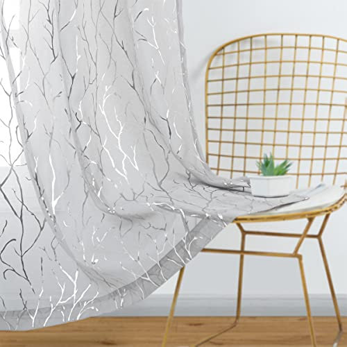 Kotile Grey Voile Curtains 90 Drop - Print Metallic Tree Curtain 46 x 90 Inch Drop Silver Voile Curtains for Bedroom, Privacy Eyelet Grey Sheer Curtain, 46 x 90 Drop, 1 Pair (2 PCs)