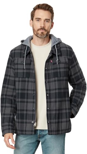 Levi's Veste chemise à carreaux en coton pour homme avec doublure en fausse fourrure douce et capuche en jersey, Gris/bleu marine., Medium