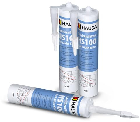 HAUSA Sanitär-Silikon HS100 weiß 3x 310ml hochelastische Fugendichtmasse für Bad Dusche Küche schimmelresistenter wasserdichter Acetat Silikon-Dichtstoff in Kartusche zum Abdichten Verfugen