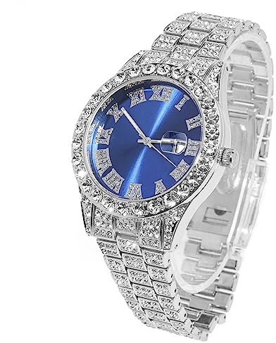 Halukakah Diamant Golduhr für Männer,Platin Weißgold Plattiert Quarz Armband 24cm Blaues Zifferblatt,mit Geschenkbox