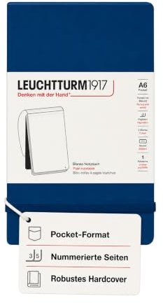 LEUCHTTURM1917 364406 Notizblock Pocket (A6), Hardcover, 94 nummerierte Seiten, blanko, Marine | 184 nummerierte Seiten, Fadenheftung, perforierte Blätter, säurefreies Papier, Verschlussgummi