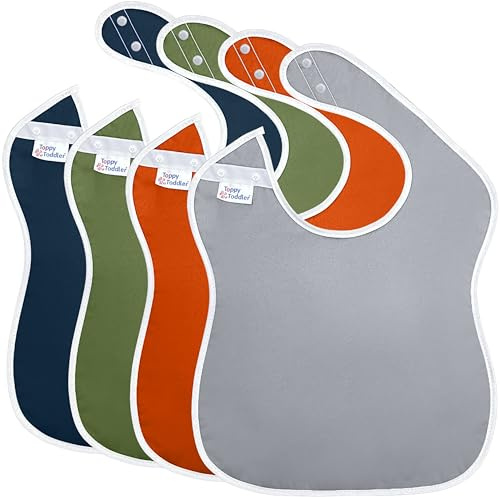 Toppy Toddler - 4 pcs Multi Color Large Waterproof Baby Bibs for 1-4 years old – Lightweight, Soft & Durable Fabric Bibs with Snap Buttons for Girls and Boys, Dryer safe and Easy to Clean