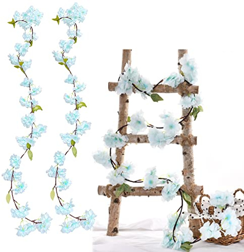 duoyif Blumengirlande Blau Blumenranken künstlich Kirschblüten Girlande Blumenrebe Aesthetic Seidenblumen Hängend Vines Für Party Garten Zimmer Deko Frühling Hochzeit 1,8M 2Stk (blau)