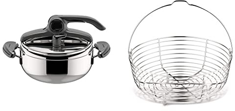Lagostina Mia Lagoeasy'UP Pentola a Pressione 3.5L in Acciaio Inox 18/10 & Oslash; 22 cm, Pentola Induzione e Gas & Cestello in Filo per Cottura a Vapore in Acciaio Inox 18/10, & Oslash; 19 cm