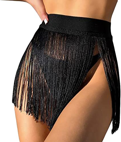 Achlibe Jupe paréo à franges pour femme - Pour danse du ventre - Foulard - Pour les vacances, les raves, la plage, a-noir, 36