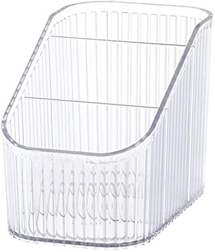 DASITON Large Capacity Makeup Brush Holder, 3 Slots Makeup Organiser Storage Cup, Vintage Striped Make Up Brush Holder for Dressing Table, Bathroom, Desk, Cosmetic Skincare Organiser (Clear-S)