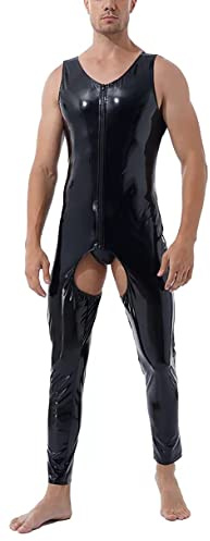 AIEOE Herren Jumpsuit Lackleder PVC Overall mit Langem Reißverschluss Sexy Einteilige Anzüge Slim Fit