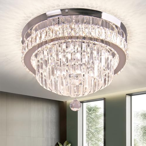 Lampadario di cristallo Moderno LED Flush Mount Plafoniera 5 strati Lampadari di cristallo Lampada da soffitto per Soggiorno Camera da letto Sala da pranzo Luce variabile calda 2500K/3500K/6500K