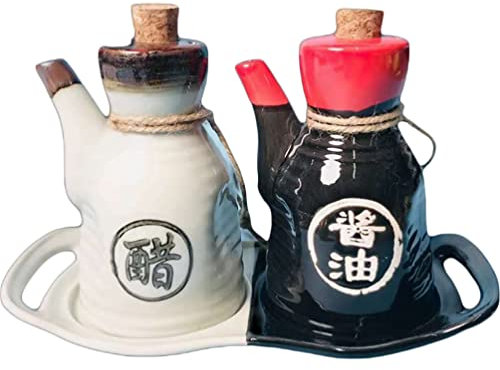 PAREKS Spenderbehälter 1 Set Japanischer Stil Keramik Ölspender Essigspender Shoyu Sojasauce Spender Flasche mit Tablett Flüssigkeit Gewürze Menage für Küche Kochen Öl Flasche Mini