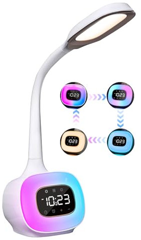 WILIT LED Schreibtischlampe Kinder, Nachttischlampe Touch Dimmbar fur Mädchen Jungen mit Lichtwecker, Tageslichtwecker, Tischlampe mit Uhr/Wecker/Schlummerfunktion/8 Klängen, Weiß