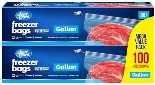 Gallon Freezer Bags, Double Zipper Seal - 100 Count, Thick Resealable Plastic storage Bags - Reusable Gallon Storage Bags for Food Storage, Meat, Vegetables, Fruit, BPA Free - 2 Boxes
