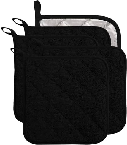 5 Pack Terry Cloth Pot Holders for Kitchen Heat Resistant, 7 x 7 Inch Insulated Oven Square Hot Pads, Potholders Sets for Kitchen Cooking and Baking (Black)