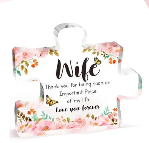eBoutik Rompecabezas de bloque acrílico grabado con forma de vidrio para esposa - Placa en forma de bloque irregular Regalo de adorno de rompecabezas - Regalo para cumpleaños, aniversario, día de boda