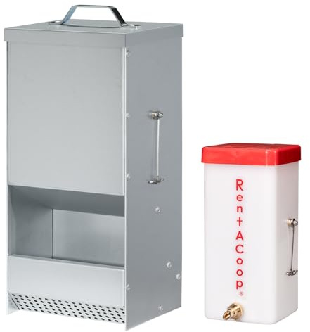 RentACoop 5 Pound Metal Trough Feeder 32 Ounce (1 Liter) Drinker Set for Rabbits, Guinea Pigs, Ferrets, Small Animals