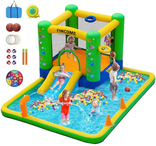 hüpfburg Outdoor mit gebläse 381 ×292 ×180 cm,Kinder Hüpfburg gebläse Hüpfburg Haus Wasserpark mit Wasserpistole, Springen, Basketball Reifen, für Hinterhof im Freien Indoor grün