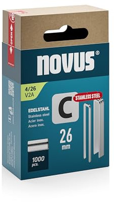 NOVUS TOOLS Schmalrückenklammern 26 mm aus Edelstahl, 1000 Tacker-Klammern vom Typ 4/26, für den dauerhaften Außeneinsatz, Schiebeschachtel, Heftmittel für Profilhölzer und Paneele | Für den dauerhaften Außeneinsatz, Heftklammern für Profilhölzer, Paneele, Holzfaserplatten und Vertäfelungsarbeiten