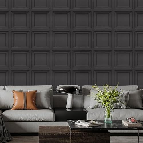 Tarwanear Black Embossed Tartan Wallpaper 3D Effect Retro Wooden Panelling Wallpaper Roll Feature Wall Home Faux Wood Panel Wainscot Board Paneling Wallpapers for Living Room Bedroom Office