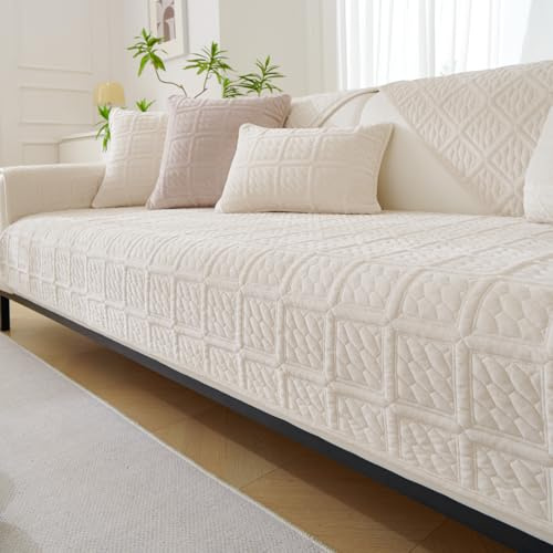 Upgrade Milchsamt Superweiche Sofa Überzug L Form U 1/2/3/4 Sitzer Couch Überzug Ecksofa, Sofabezug Set Universelle Rutschfeste Sofaschoner SofaÜberwurf Schutzdecke für Wohnzimmer(Creme, 90*210cm)