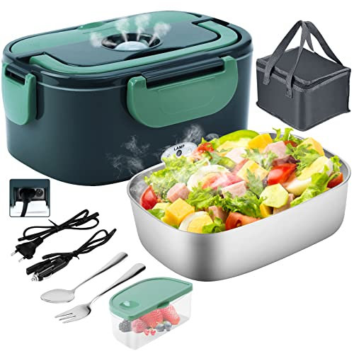 Gentre Lunch Box Elettrico Portatile Scaldavivande per Auto Camion e Ufficio 4 in 1 12V/24V/220V~240V 1.5L 60W Porta Pranzo in Acciaio Inox, Scomparti, Forchetta Cucchiaio e Borsa Per il Trasporto