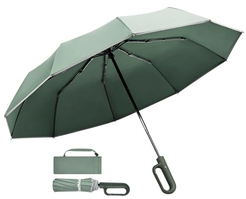 TradMall Travel Umbrella Windproof with Reflective Stripe, Dark Green