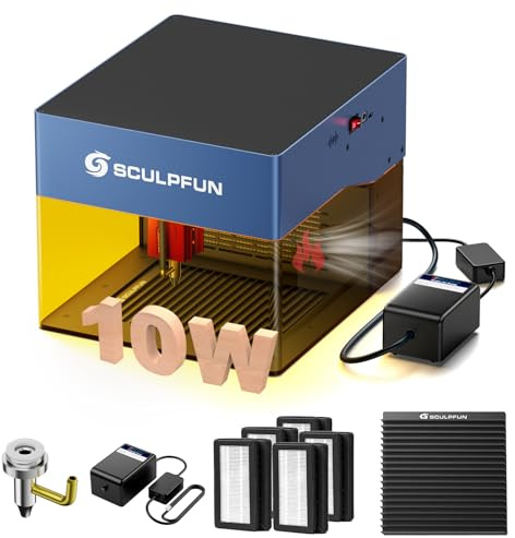 SCULPFUN iCube Pro Max 10W Tragbarer Laser Graviermaschine mit Wabenplatte Luftpumpenset Filter Schaumstoff Combo Offline-Gravur Lasergravierer Rauchfilter für Papier Holz Kunststoff