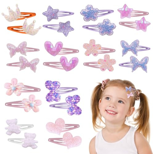 BelleVive 12 pares de horquillas para niños, horquillas y pinzas en forma de corona y mariposa, accesorios de metal a presión, accesorio brillante para el cabello de niñas pequeñas