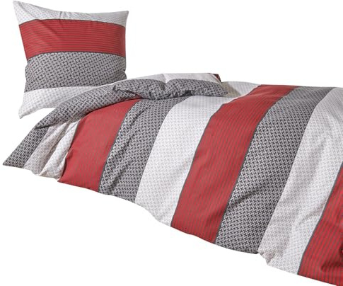 Traumschlaf Feinflanell Bettwäsche Nordic Stripe Red – Kuschelige, weiche Winterbettwäsche aus 100% Baumwolle – im modernen Streifendesign – Warm & pflegeleicht – 140x200 cm + 70x90 cm