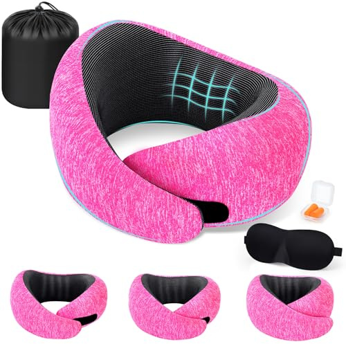 Zepphi Oreiller de Voyage 100% Mousse à Mémoire, Coussin de Nuque Ergonomique U-Shape, Sac de Transport Inclus, Bouchons d'oreille et Masque de Sommeil, Confort Avion,Voiture,Bureau,Train (Rose)