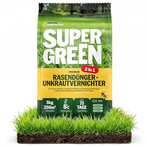 SUPERGREEN Rasendünger mit Unkrautvernichter 2in1 Langzeit bis 75 Tage | 5kg | NPK 22-5-5 für dichten, sattgrünen, unkrautfreien Rasen in 14 Tagen | Effektiv gegen Unkraut | Premium Qualität