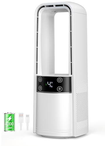 Ventilateur de bureau sans pales oscillant à 120° rechargeable, ventilateur silencieux avec veilleuse, contrôle tactile LED intelligent, 4 vitesses et minuterie 9H, petit ventilateur de table