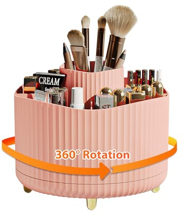 Veki 360°Rotatif Organisateur Maquillage, Rangement Pinceaux Maquillage Pivotant Multifonctionnel, Organisateur de Pinceaux Cosmétique pour Coiffeuse, Salle de Bain, Chambre à Coucher (Rose)