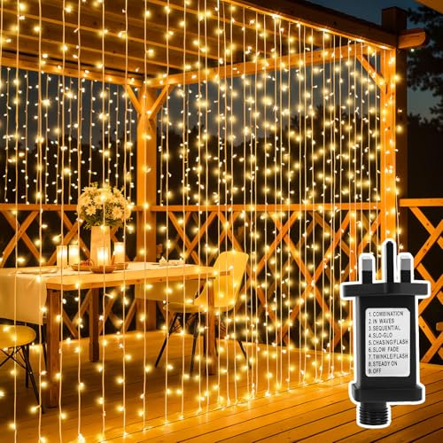 YIBONIKA Curtain Lights 6mx3m 600LED Outdoor Indoor Curtain Fairy Lights Plug in, Waterproof Hanging String Lights with 8 Modes, Timer and Memory for Wedding Christmas Party Garden, Warm White
