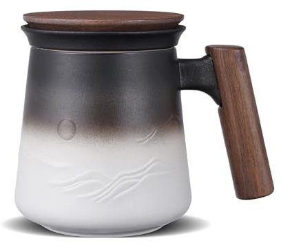 Taza Infusiones con Tapa Y Filtro Taza de Té, Infusionador de té de 430ml cerámica con cesta de Infusor y tapa para remojarpara té a granel con asa de madera, 430ML té Difusor, blanco degradada