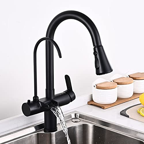 Rubinetto da cucina nero, miscelatore purificatore d'acqua a 4 vie con spruzzatore estraibile, design a cascata, ideale per lavandino, rubinetto per lavello da cucina durevole ed elegante.