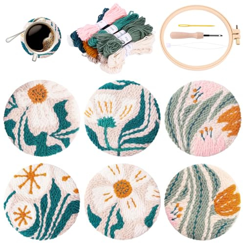 6PCS Punch Needle Coaster Kit,Easy DIY Crafts Needle Coaster with Instruction for Beginners, Kids & Adults, 4 inch Latch Hook Kits for Adults with Patterns, Tools, Yarns, Hoop, Instructions for Gift