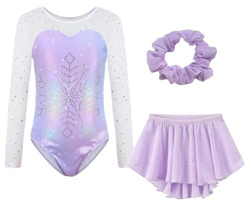 Happy Cherry Barn flickor gymnastik trikåer med kjol pannband set en del glittrande bodysuit tumlande dans outfit för 5-12 år, Lila snöflingor, 11-12 Years