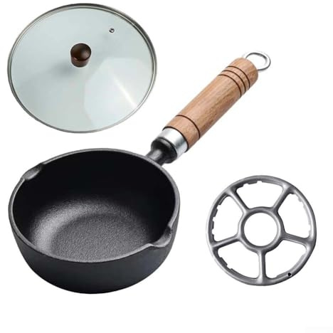 Liten järnpanna för stekning av ägg, 11 x 4 cm obelagd förtjockad gjutjärn matlagningsredskap platt botten non-stick för induktion och gasspisar köksanvändning (13 x 5 cm + lock+ställ)