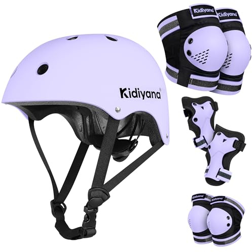 Kidiyana Skyddsset för barn med knä, armbågs- och handledsskydd + lätt, justerbar cykelhjälm – andningsaktiv och stötsäker för skoter, inliner, skateboard och cykel, S (2–6 år), lila
