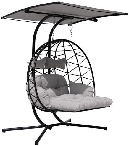 Doppel-Hängesessel mit Gestell & Sonnendach – 2-Sitzer Egg Chair mit wetterfestem Stoff, dicken Kissen und 2 Kopfkissen, für Innen- & Außenbereich, bis 260 kg (Hellgraues Sitzkissen)