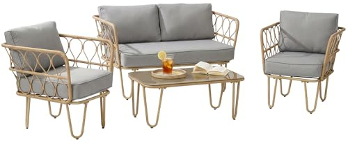 Outsunny Salotto da Giardino Rattan 4 Pezzi con Divano 2 Posti, 2 Poltrone e Tavolino con Piano in Vetro Stile Boho, Cuscini Sfoderabili, Giallo