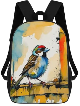 sinyumoney 3D Printed 17inch Backpack House Sparrow Watercolor Painting Children's Travel Lightweight School Bags Boys Girls School Bag for Middle School Students
