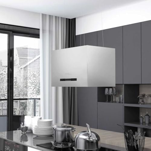 QUAHEAS Cappa a isola sospesa in acciaio inox con sensore touch LCD 55 cm, silenziosa, con filtro ai carboni attivi e illuminazione a LED, per cucina e fornelli