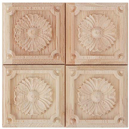 Wifehelper 4 Stücke Carving Checkered Applique Unlackiert Aufkleber für Möbel Dekoration Natürliche Holzapplikationen Platz Blume Carving Decals Dekorative Holz Handwerk 6x6 cm (3#)