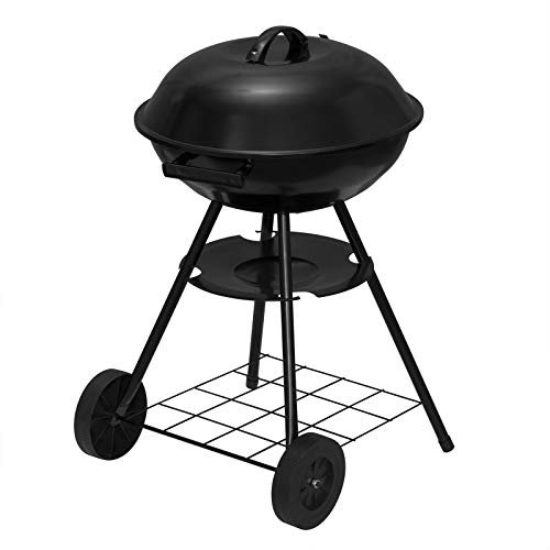 eSituro Griglia a Carbone con Coperchio, Barbecue Rotondo 41,5cm, BBQ Grill a Carbonella Portabile con 2 Ruote per Campeggio Picnic (Nero)