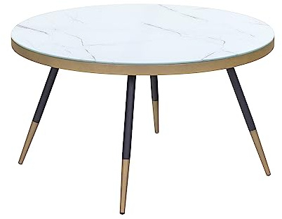 Mesita de Centro, Mesa Auxiliar, Mesa de Café CULLEN C1 | 80 x 80 x 45,5 cm | Materiales Resistentes | Tablero con Efecto Mármol Blanco | Borde de la Mesa en Oro | Patas de Metal en Negro y Dorado